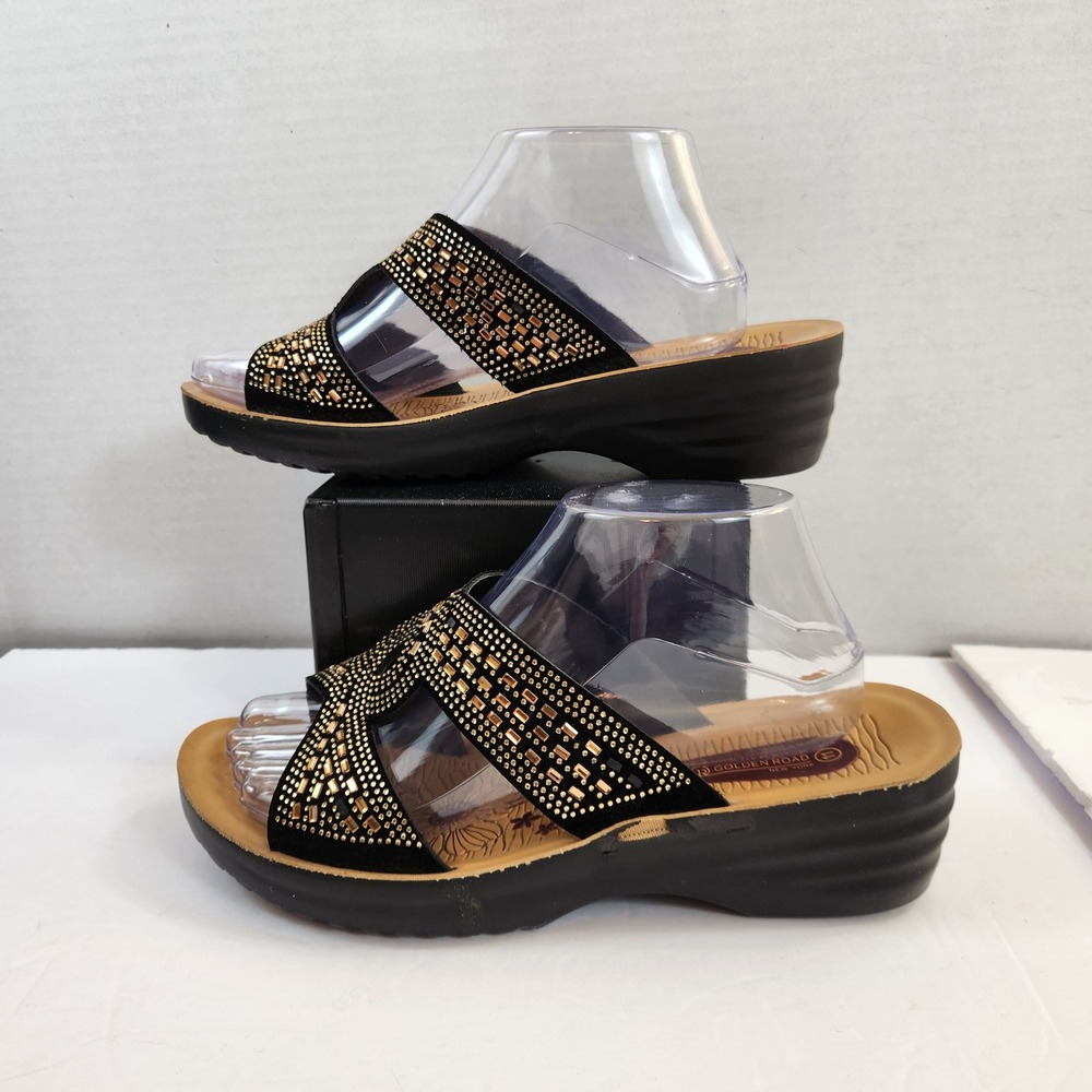 Golden Road Women's Black Gold Rhinestone Wedge Sandals Shoes Size 11 - Picture 14 of 14